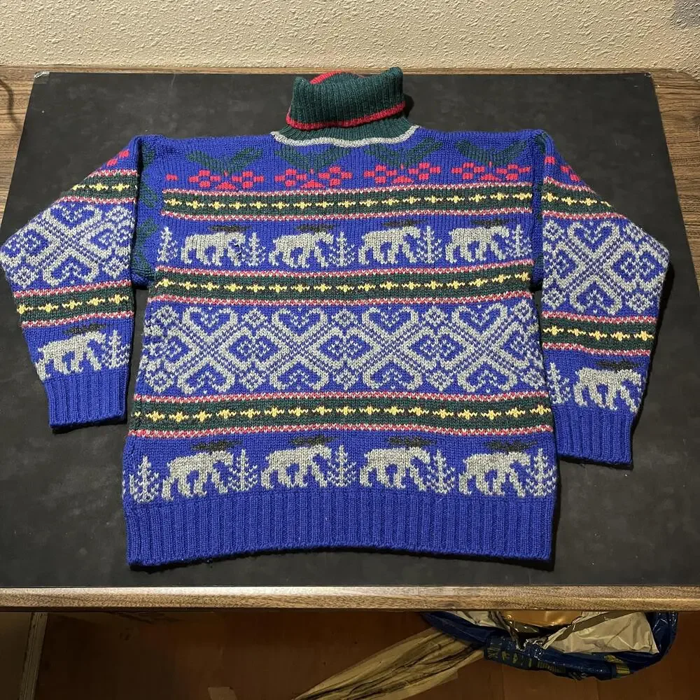 Vintage Eddie Bauer Moose Sweater Knit Wool Turtleneck Fair Isle 90s Lopapeysa